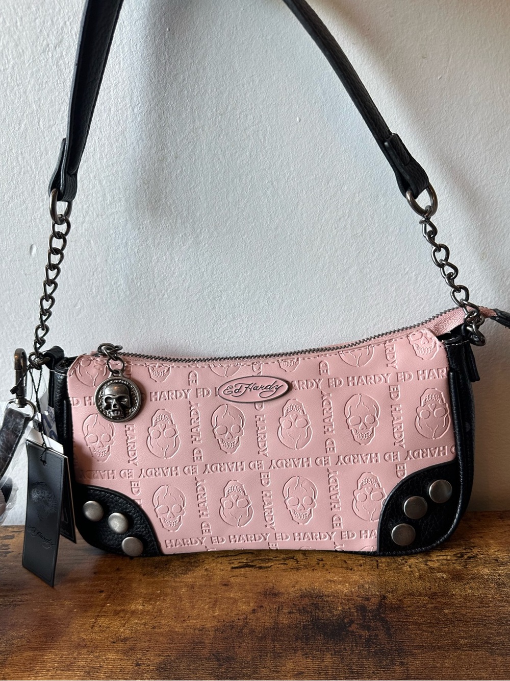 Ed Hardy Pink Skull Embossed w/ Black Trim Shoulder or Crossbody Bag NWT